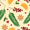 Christmas seamless pattern with spruse, citrus and star anise